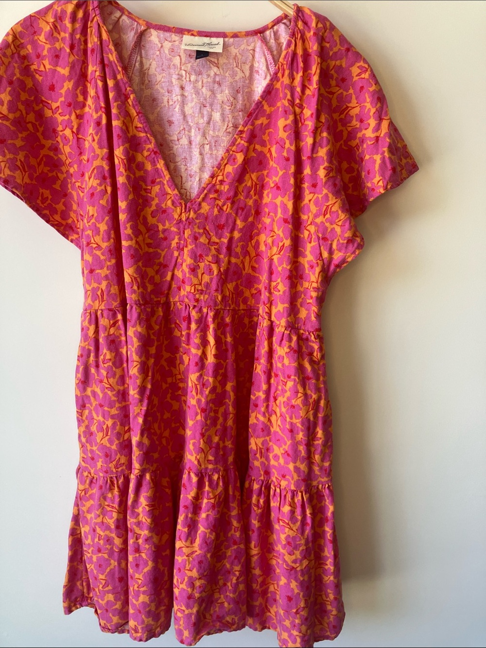 UNIVERSAL THREAD Orange/Pink Floral Flutter Short Sleeve Linen Blend Dress Large